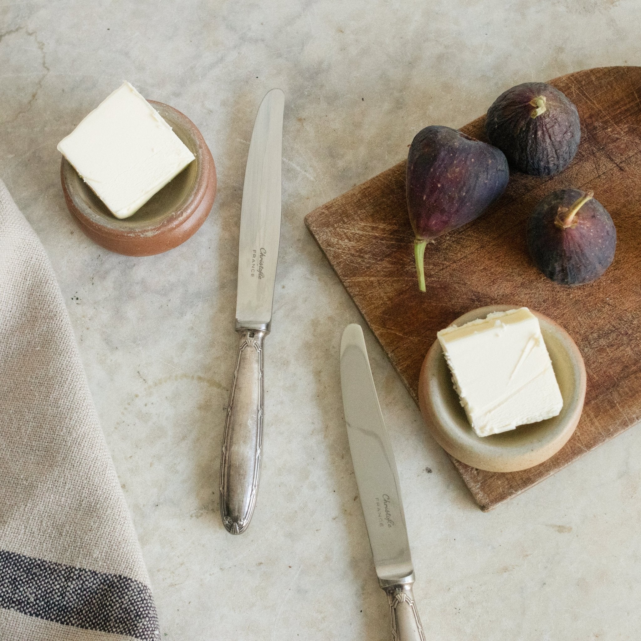 Pair Of Stoneware Butter Pats & Christofle Knives - elsie green - the french kitchen