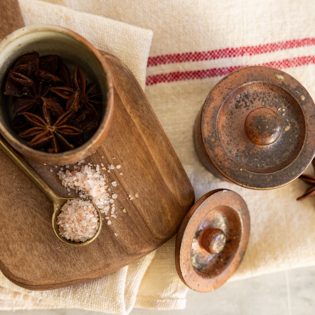 Pair of Stoneware Spice Pots with Cast Brass Spoon - elsie green - the french kitchen