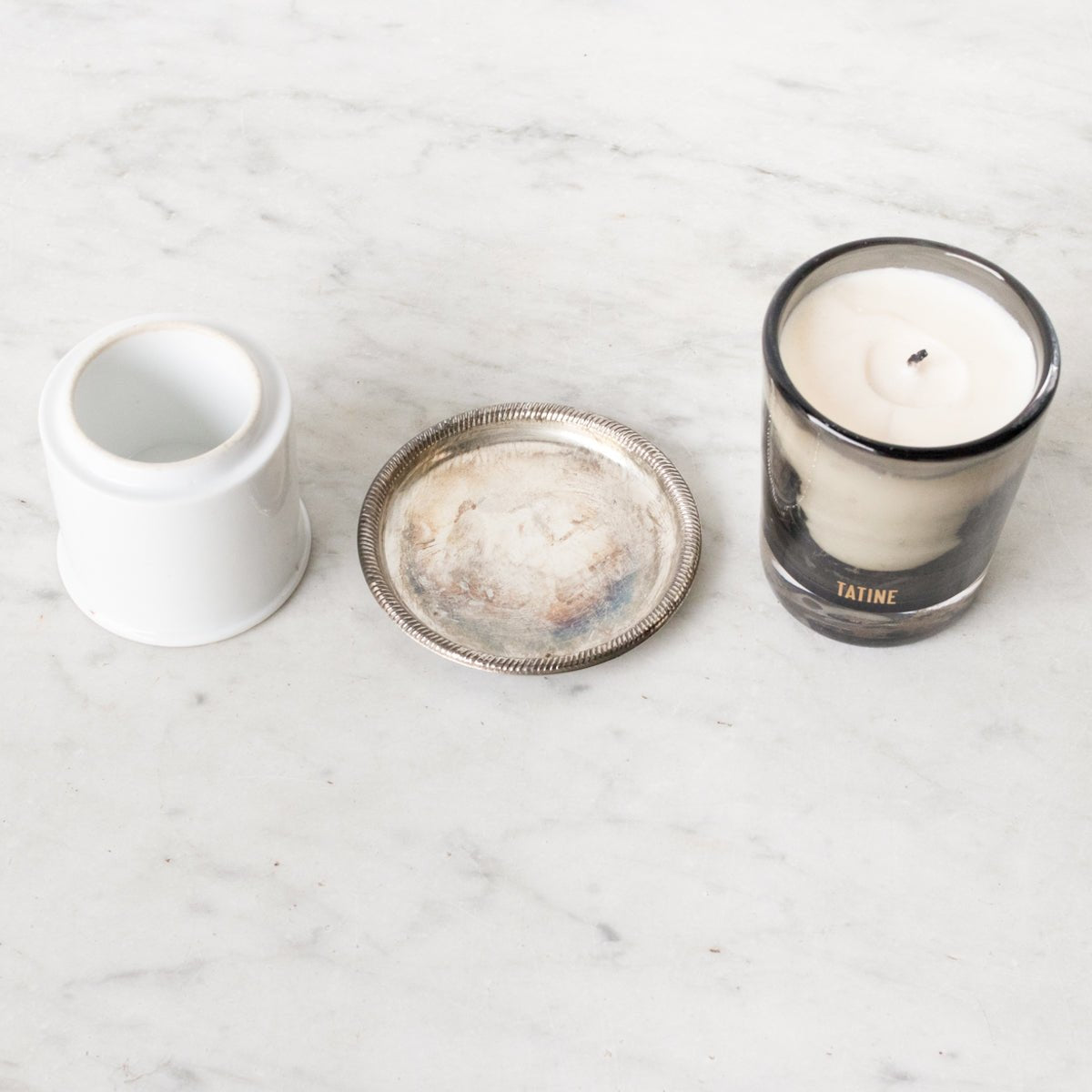 Scented Candle with Silver Wine Coaster and Porcelain Match Caddy - elsie green - decor