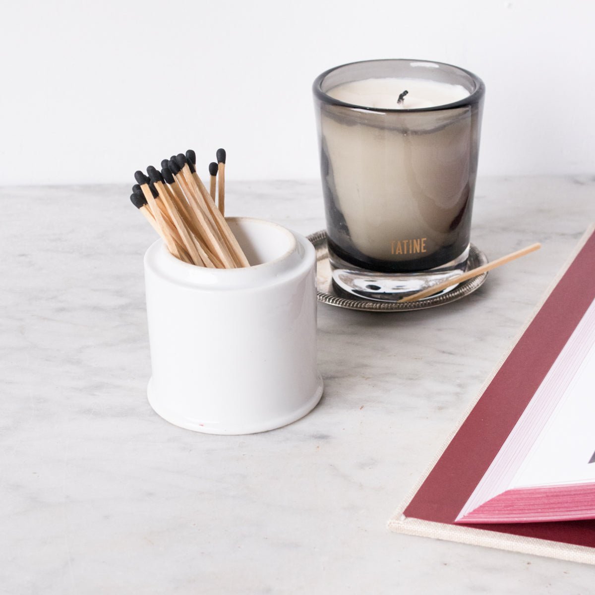 Scented Candle with Silver Wine Coaster and Porcelain Match Caddy - elsie green - decor