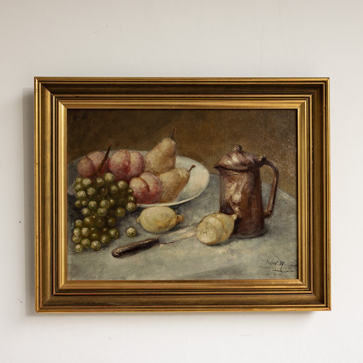 Still Life with Grapes and Pears Oil Painting | Landscape on Verso - elsie green - art