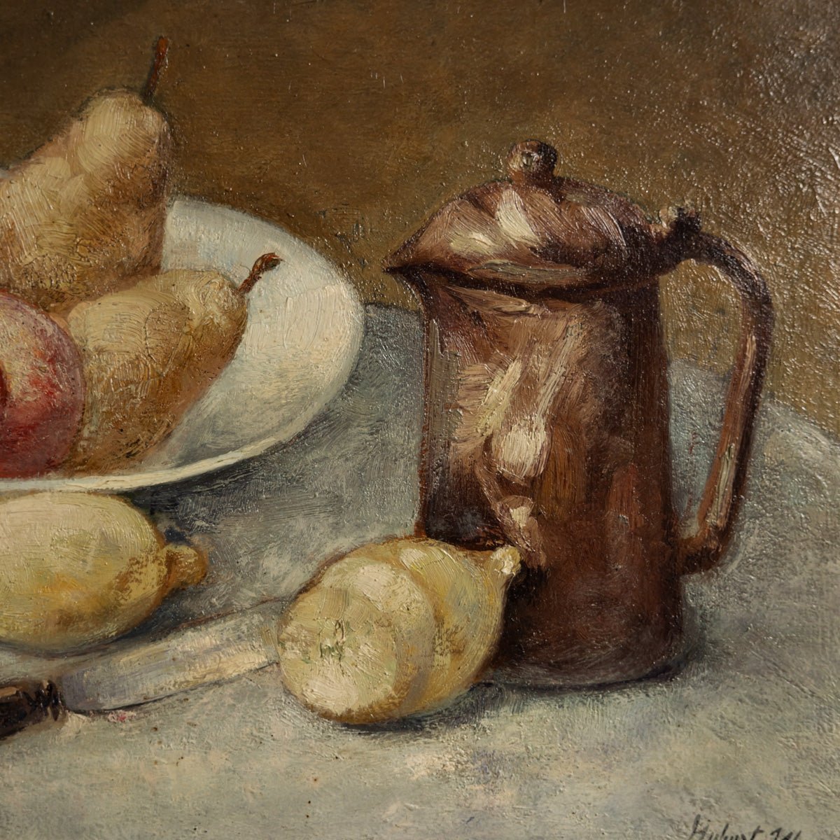 Still Life with Grapes and Pears Oil Painting | Landscape on Verso - elsie green - art