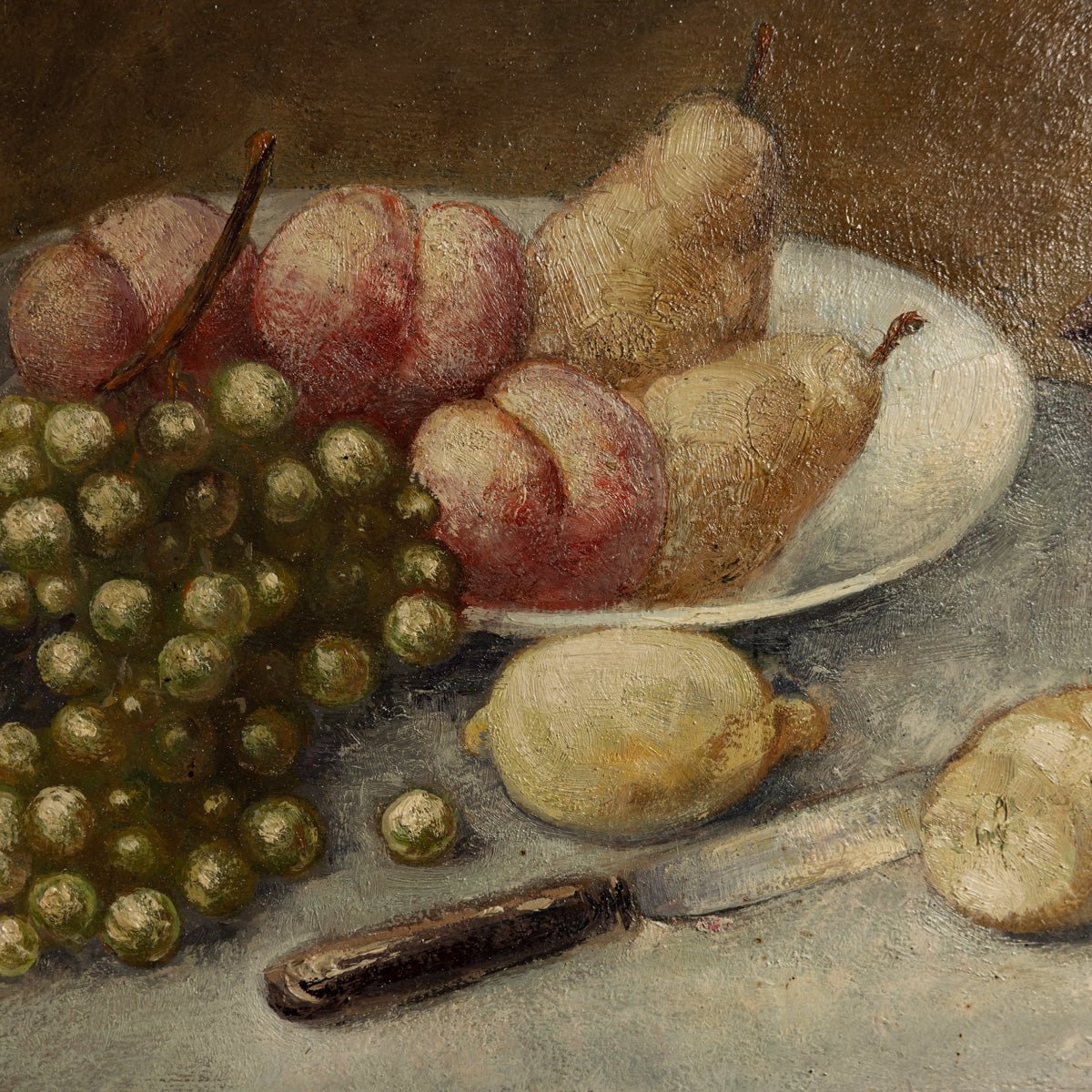 Still Life with Grapes and Pears Oil Painting | Landscape on Verso - elsie green - art