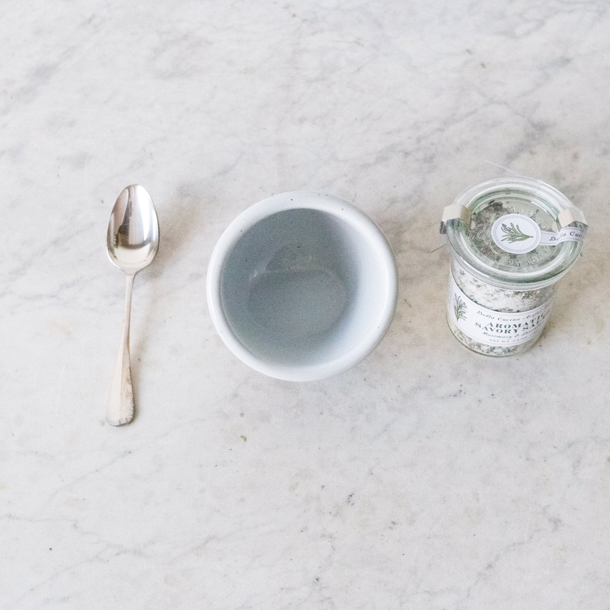 Stoneware Salt Cellar with Flavored Salt & Silver Spoon - elsie green - the french kitchen