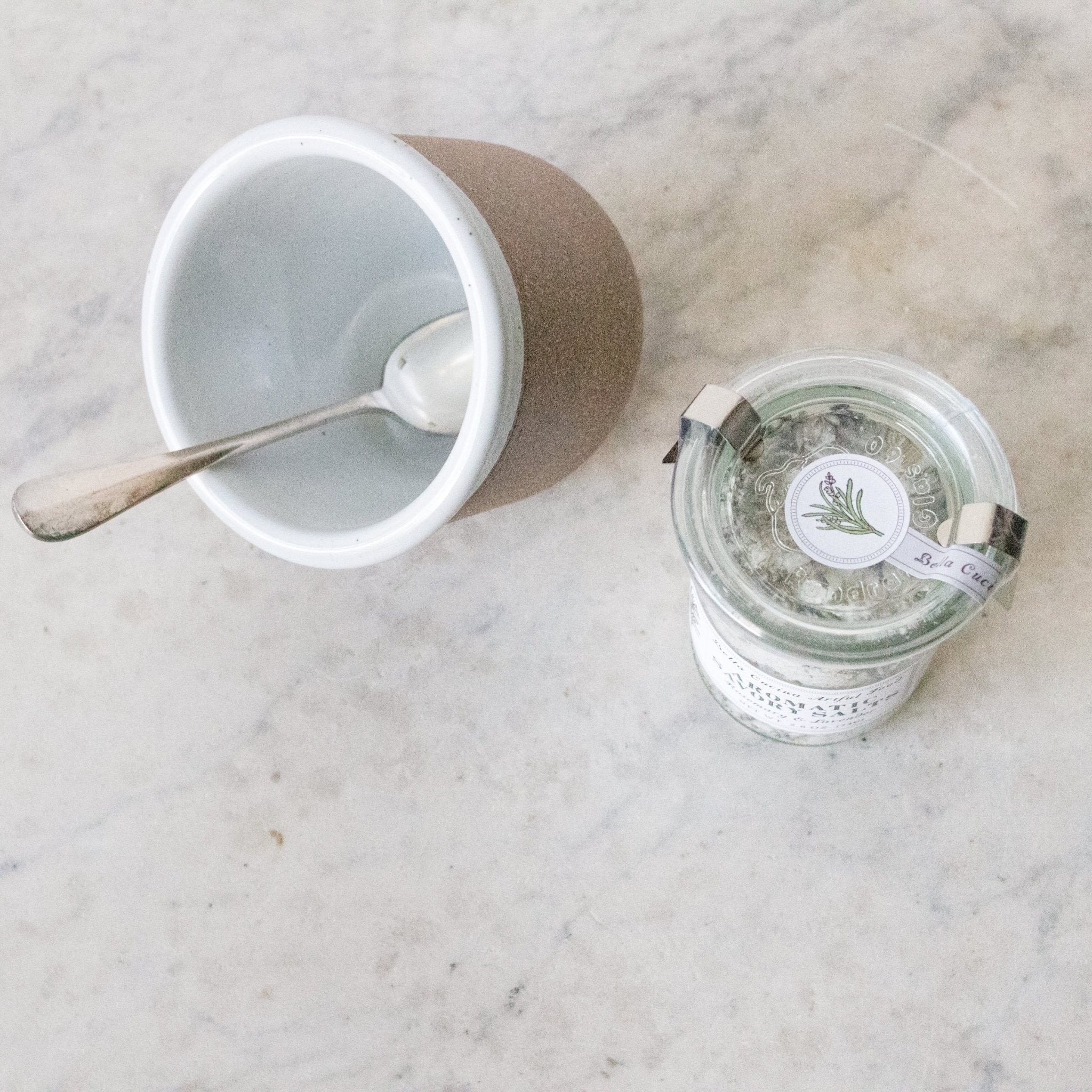 Stoneware Salt Cellar with Flavored Salt & Silver Spoon - elsie green - the french kitchen