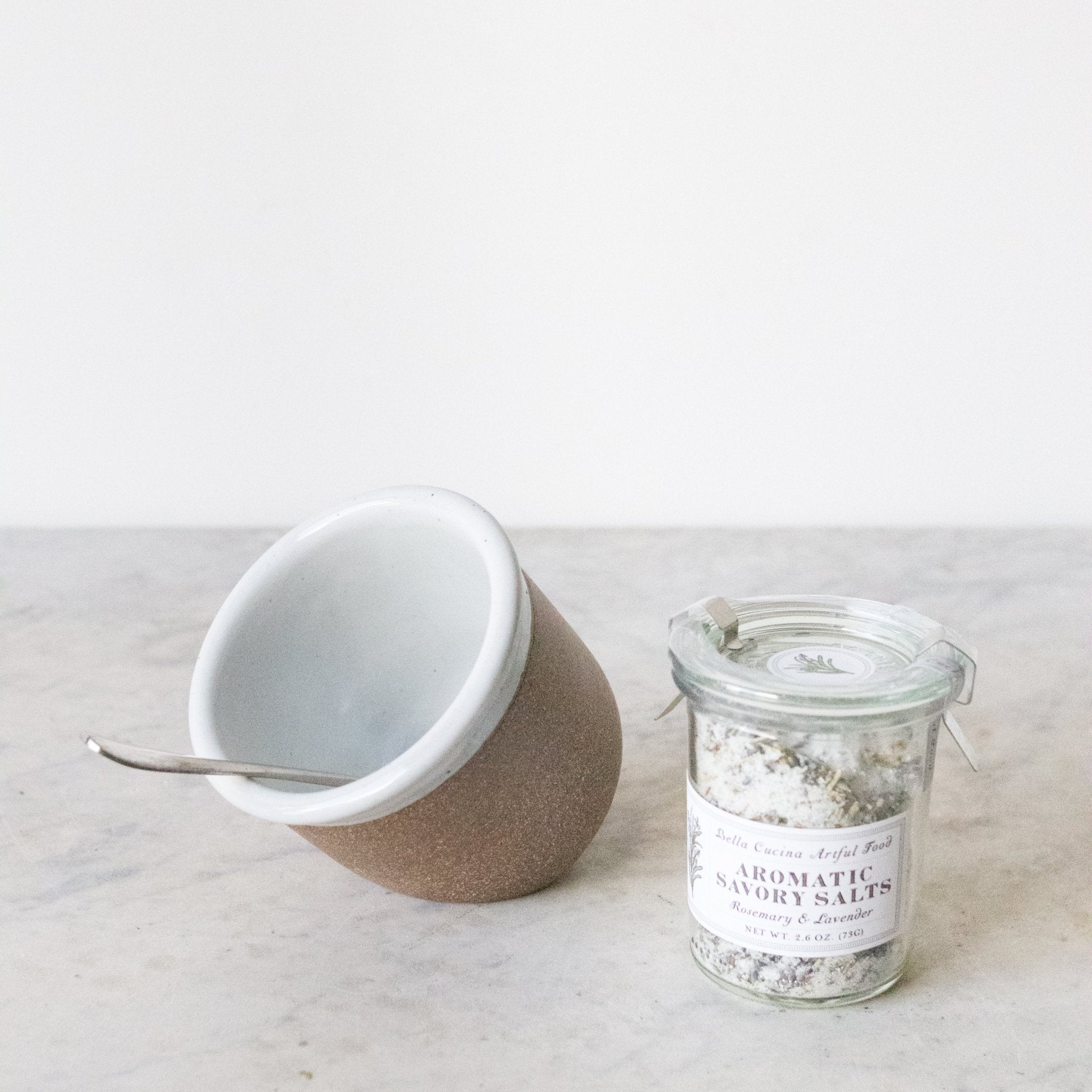 Stoneware Salt Cellar with Flavored Salt & Silver Spoon - elsie green - the french kitchen