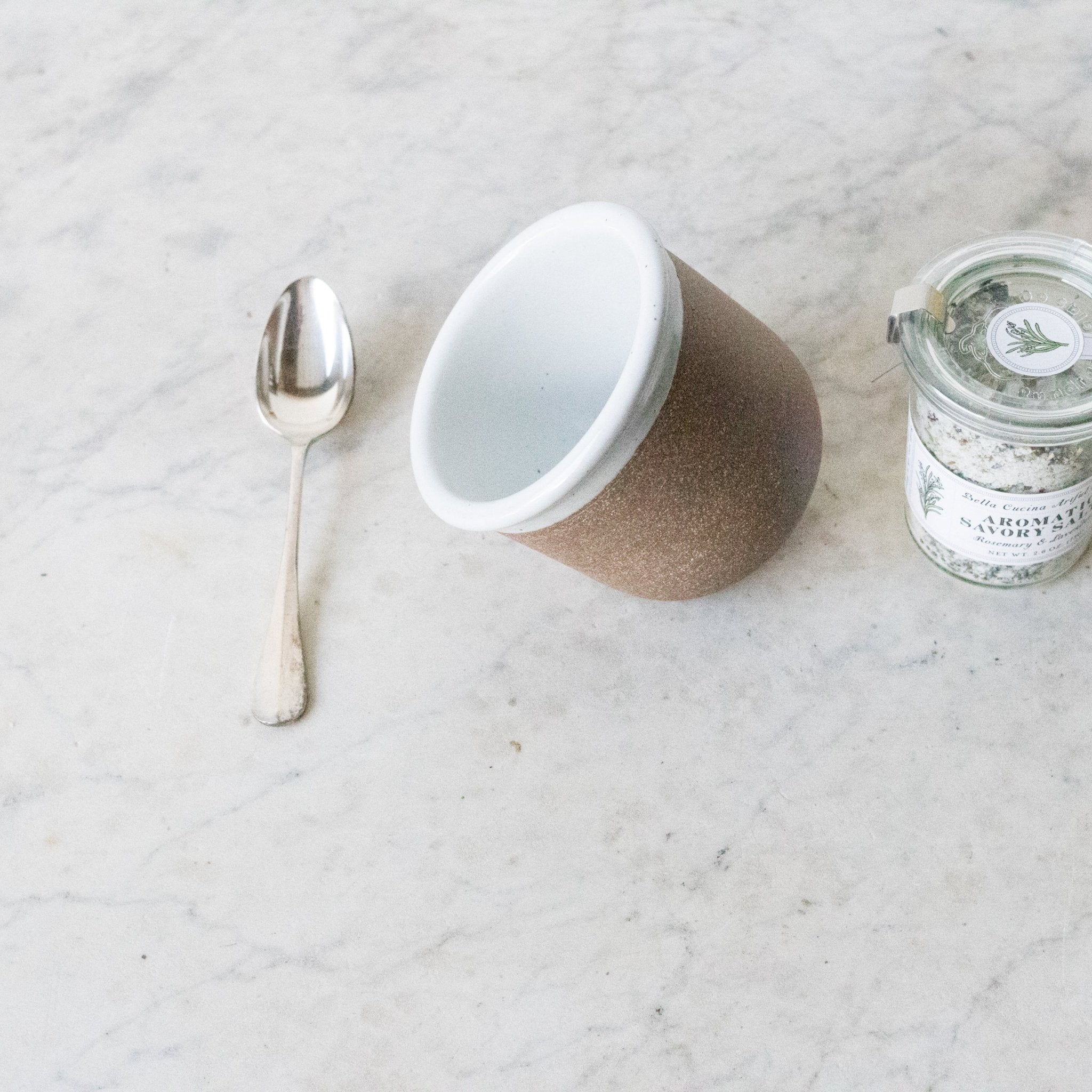 Stoneware Salt Cellar with Flavored Salt & Silver Spoon - elsie green - the french kitchen