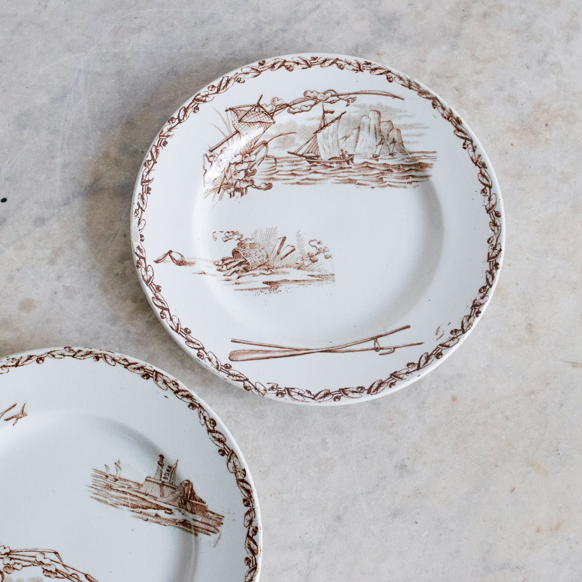 Transferware Plate With Birds, Boats & Shells Set Of 8 - elsie green - The French Kitchen