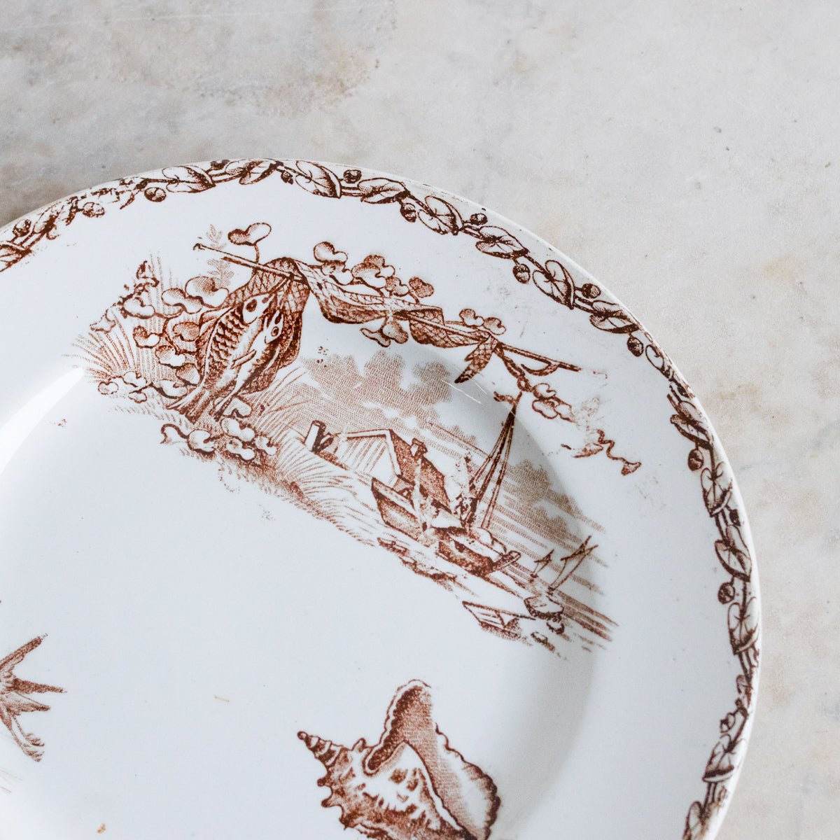 Transferware Plate With Birds, Boats & Shells Set Of 8 - elsie green - The French Kitchen