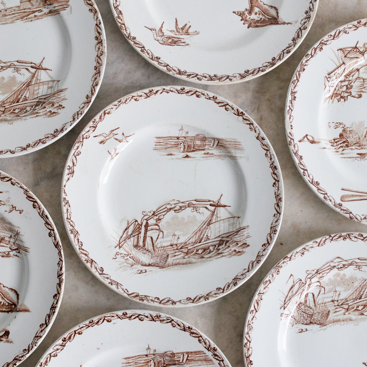 Transferware Plate With Birds, Boats & Shells Set Of 8 - elsie green - The French Kitchen