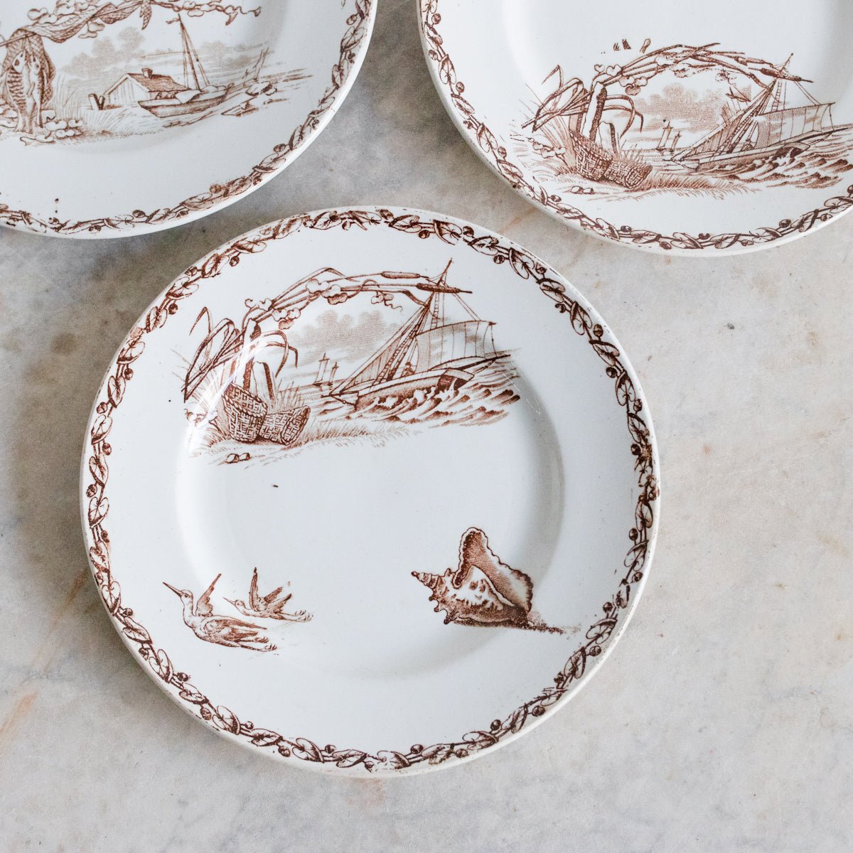 Transferware Plate With Birds, Boats & Shells Set Of 8 - elsie green - The French Kitchen