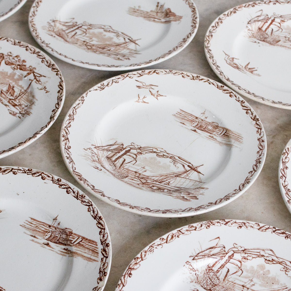 Transferware Plate With Birds, Boats & Shells Set Of 8 - elsie green - The French Kitchen