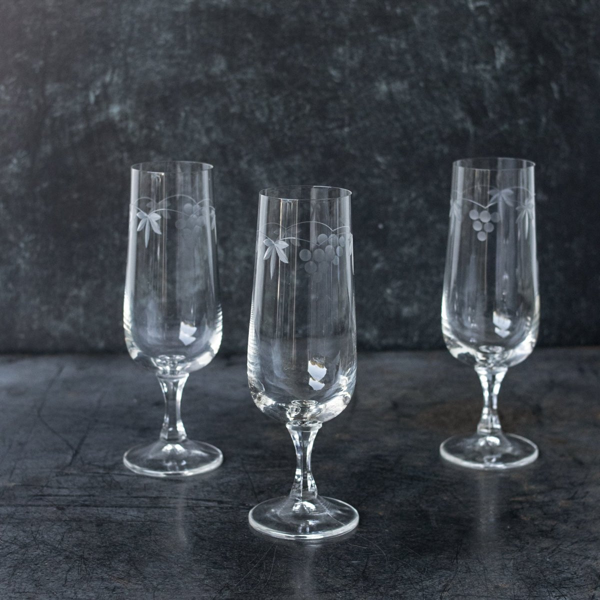 Trio of Grape Cluster Etched Champagne Flutes - elsie green - the french kitchen