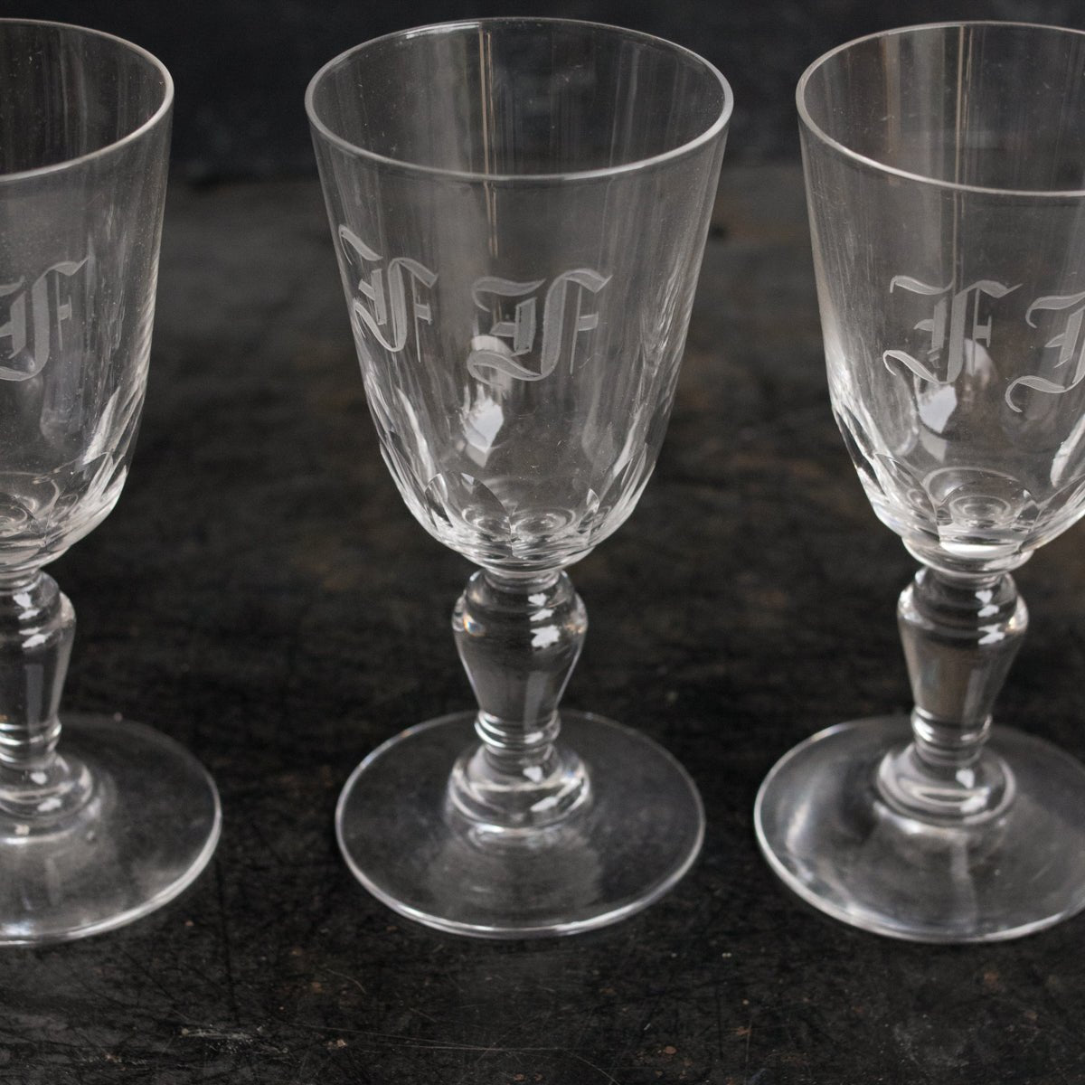 Trio of Monogrammed Crystal Aperitif Glasses