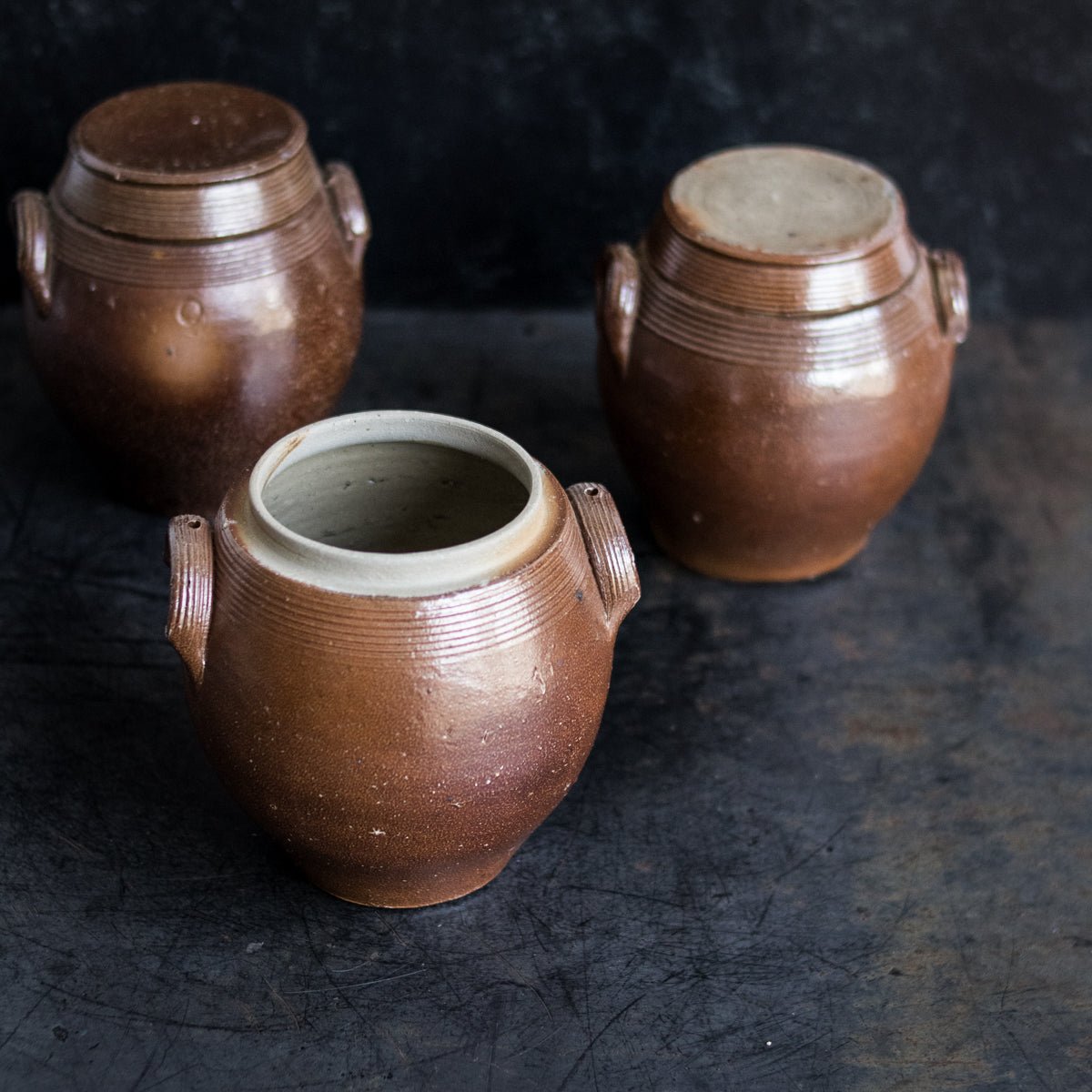 Trio Of Petite Stoneware Crocks | Brown - elsie green - The French Kitchen