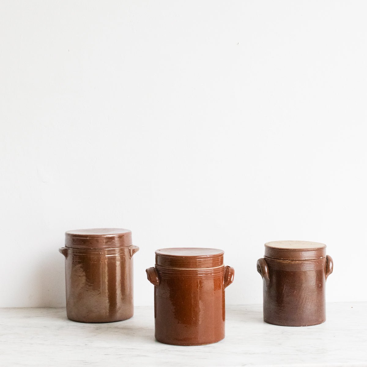 Trio Of Stoneware Crocks With Lids | Brown - elsie green - the french kitchen
