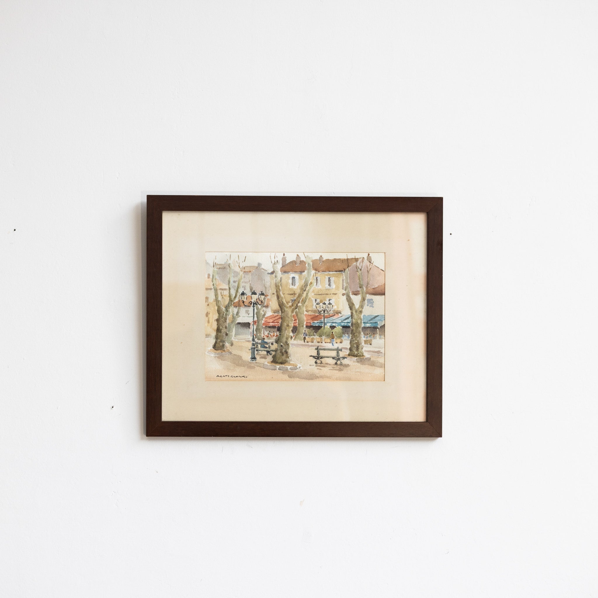 Village Scene with Park Bench Watercolor Painting - elsie green - art