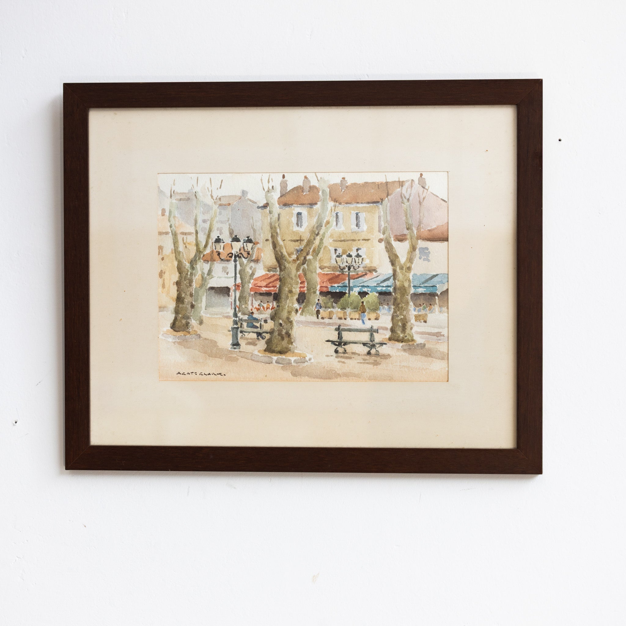 Village Scene with Park Bench Watercolor Painting - elsie green - art