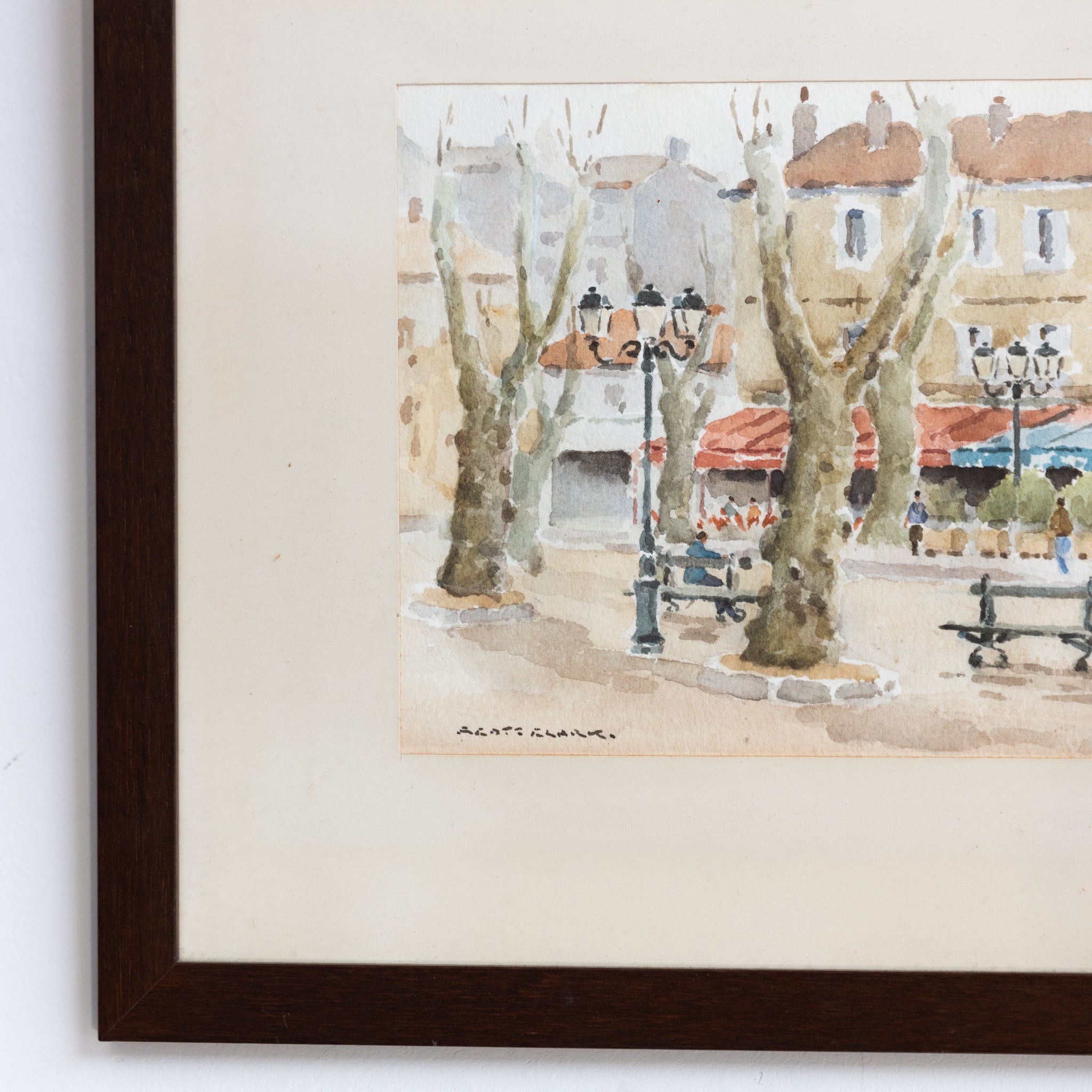 Village Scene with Park Bench Watercolor Painting - elsie green - art