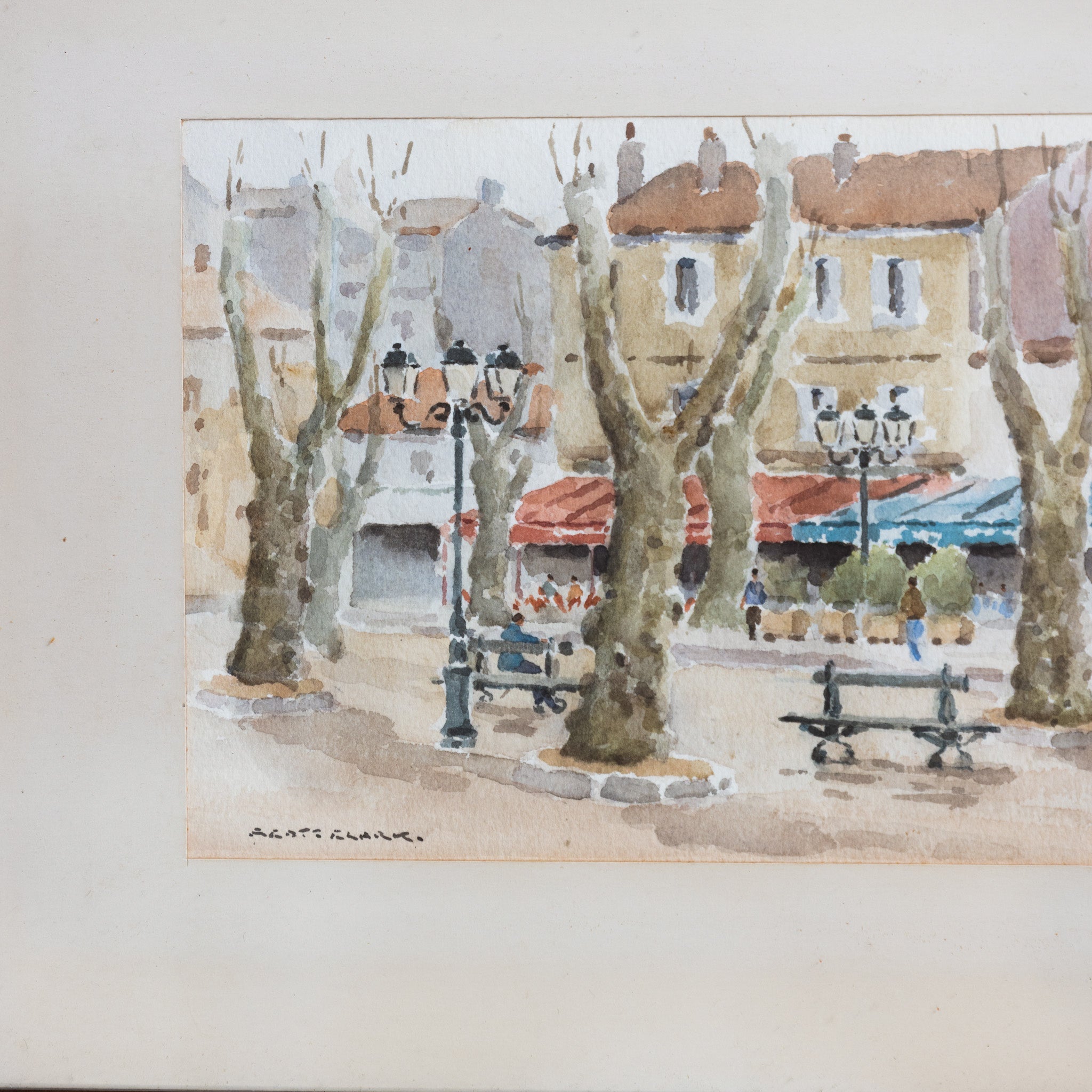 Village Scene with Park Bench Watercolor Painting - elsie green - art