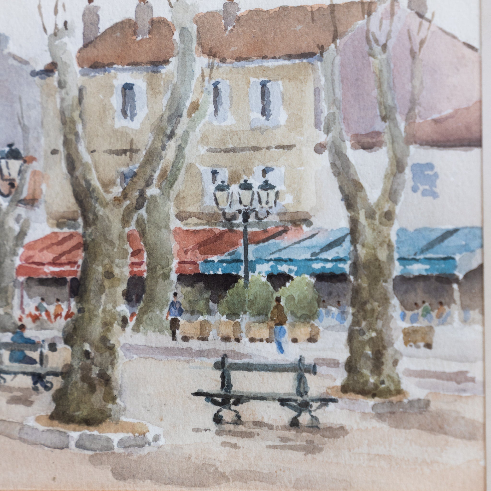 Village Scene with Park Bench Watercolor Painting - elsie green - art