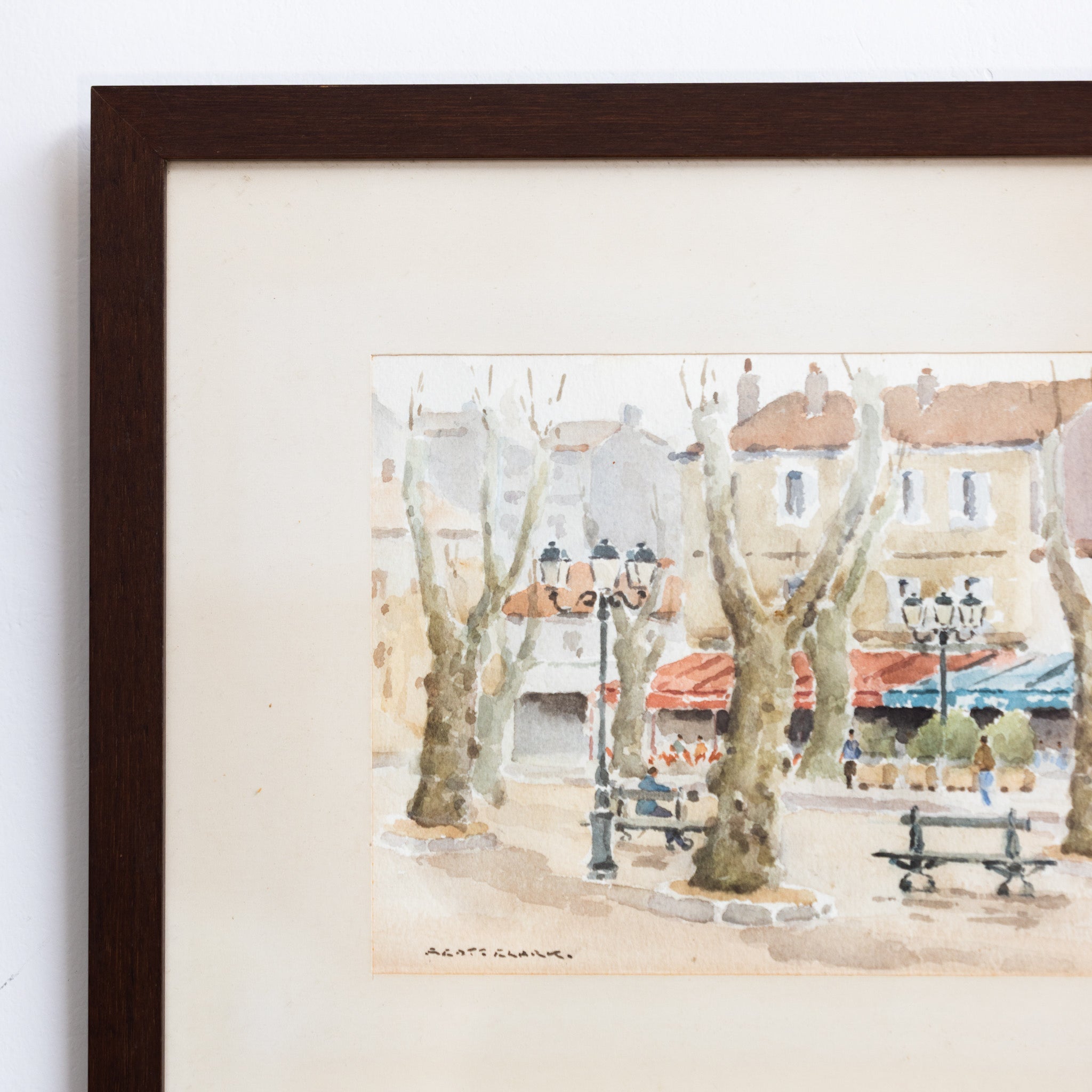 Village Scene with Park Bench Watercolor Painting - elsie green - art