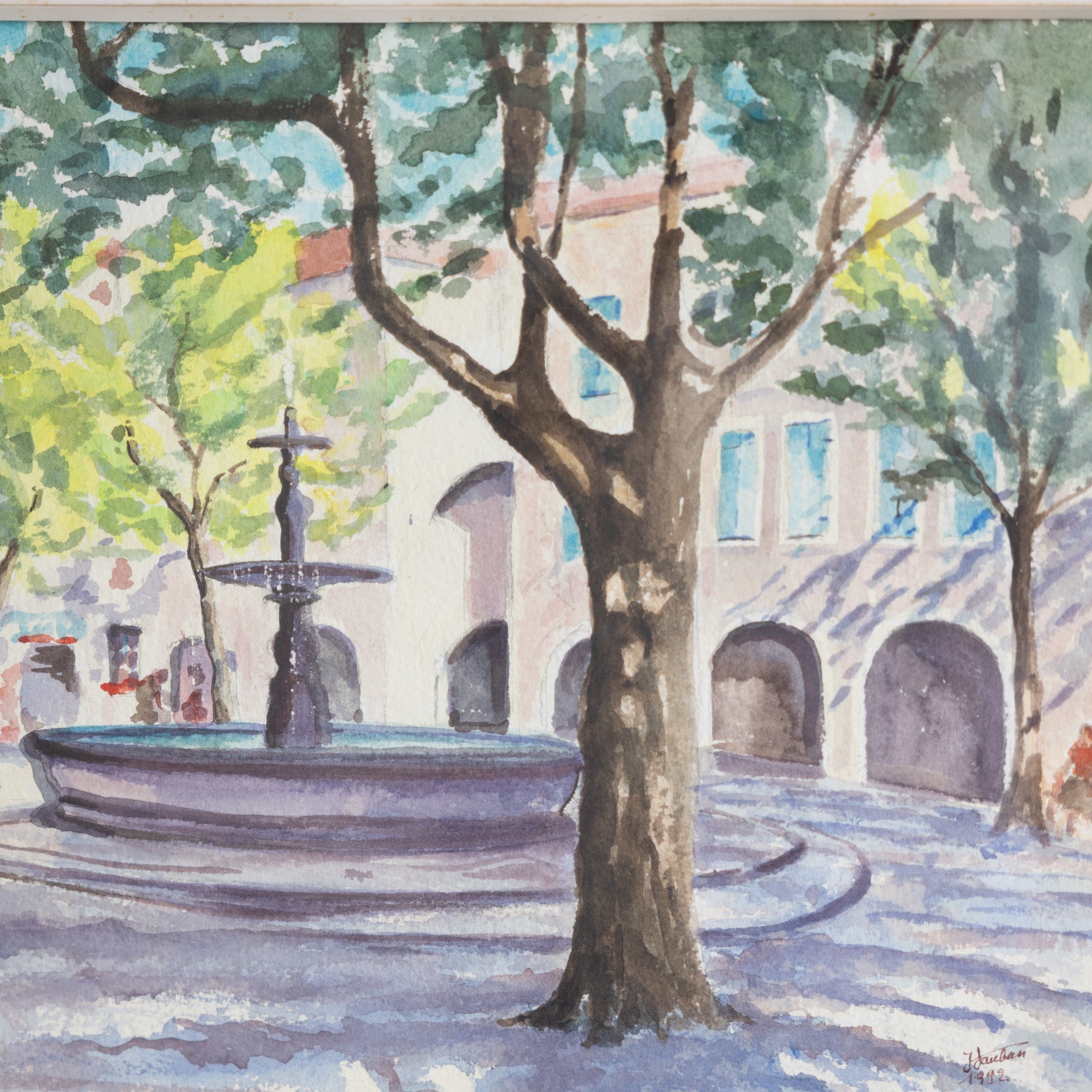 Village with Fountain Watercolor Watercolor Painting - elsie green - art