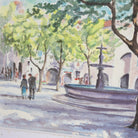 Village with Fountain Watercolor Watercolor Painting - elsie green - art