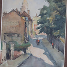 Village with Walking Figures Watercolor Painting - elsie green - art