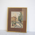 Village with Walking Figures Watercolor Painting - elsie green - art