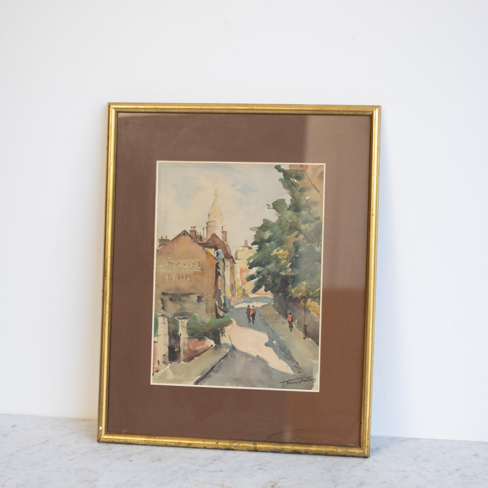Village with Walking Figures Watercolor Painting - elsie green - art