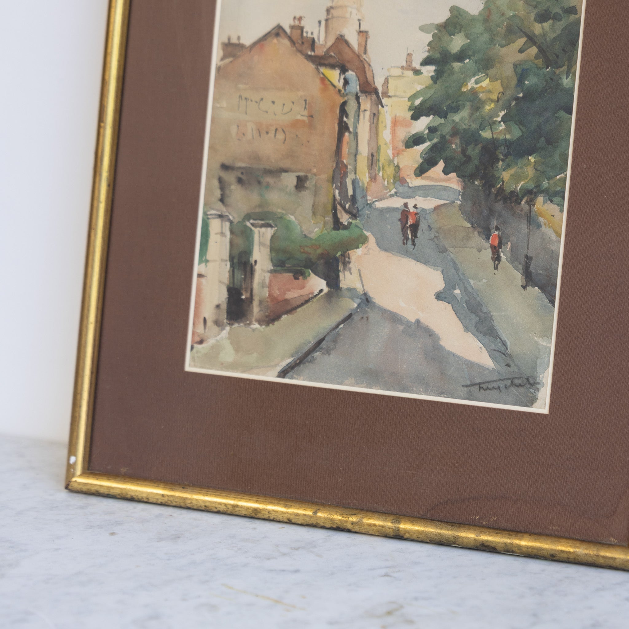 Village with Walking Figures Watercolor Painting - elsie green - art