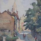 Village with Walking Figures Watercolor Painting - elsie green - art