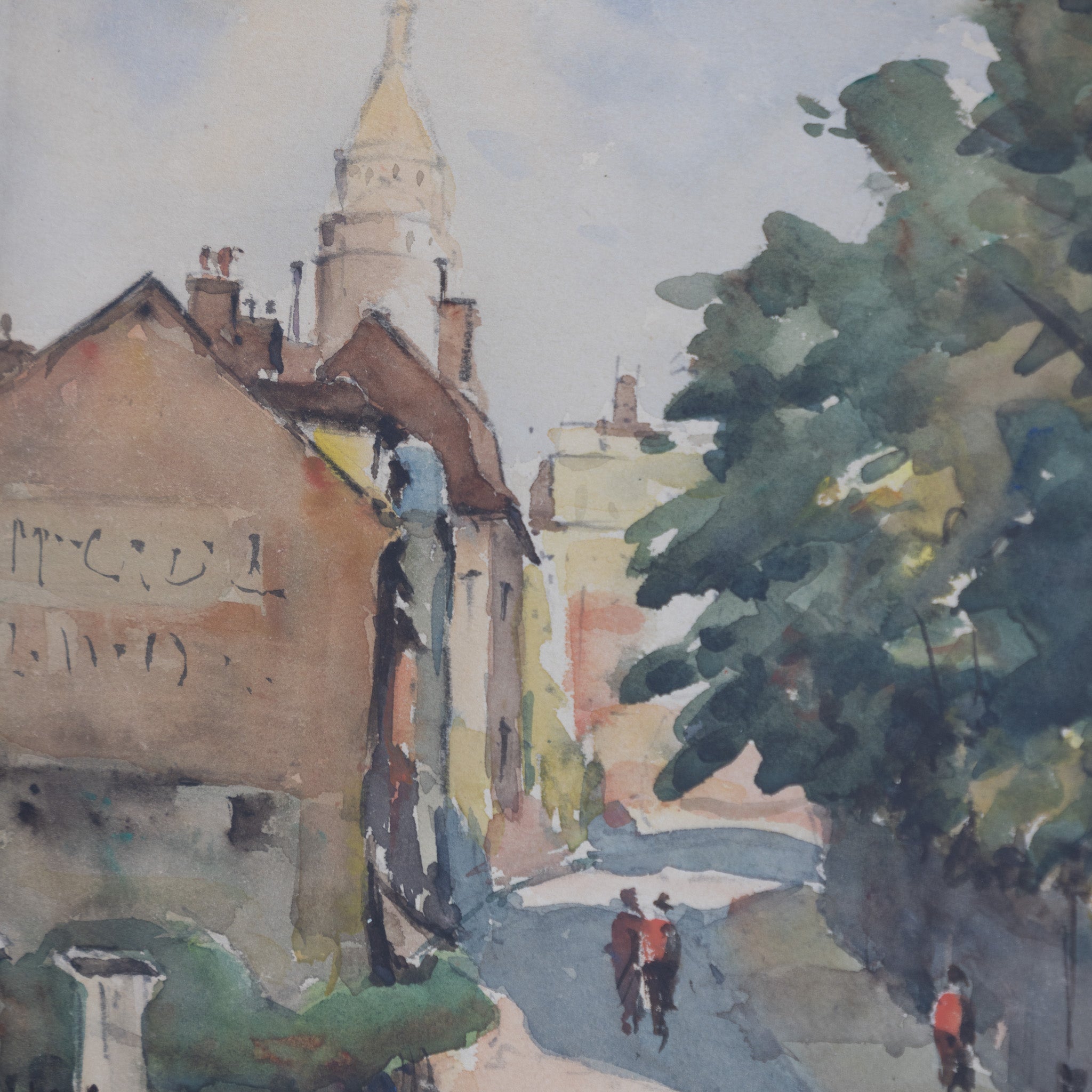 Village with Walking Figures Watercolor Painting - elsie green - art