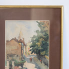 Village with Walking Figures Watercolor Painting - elsie green - art