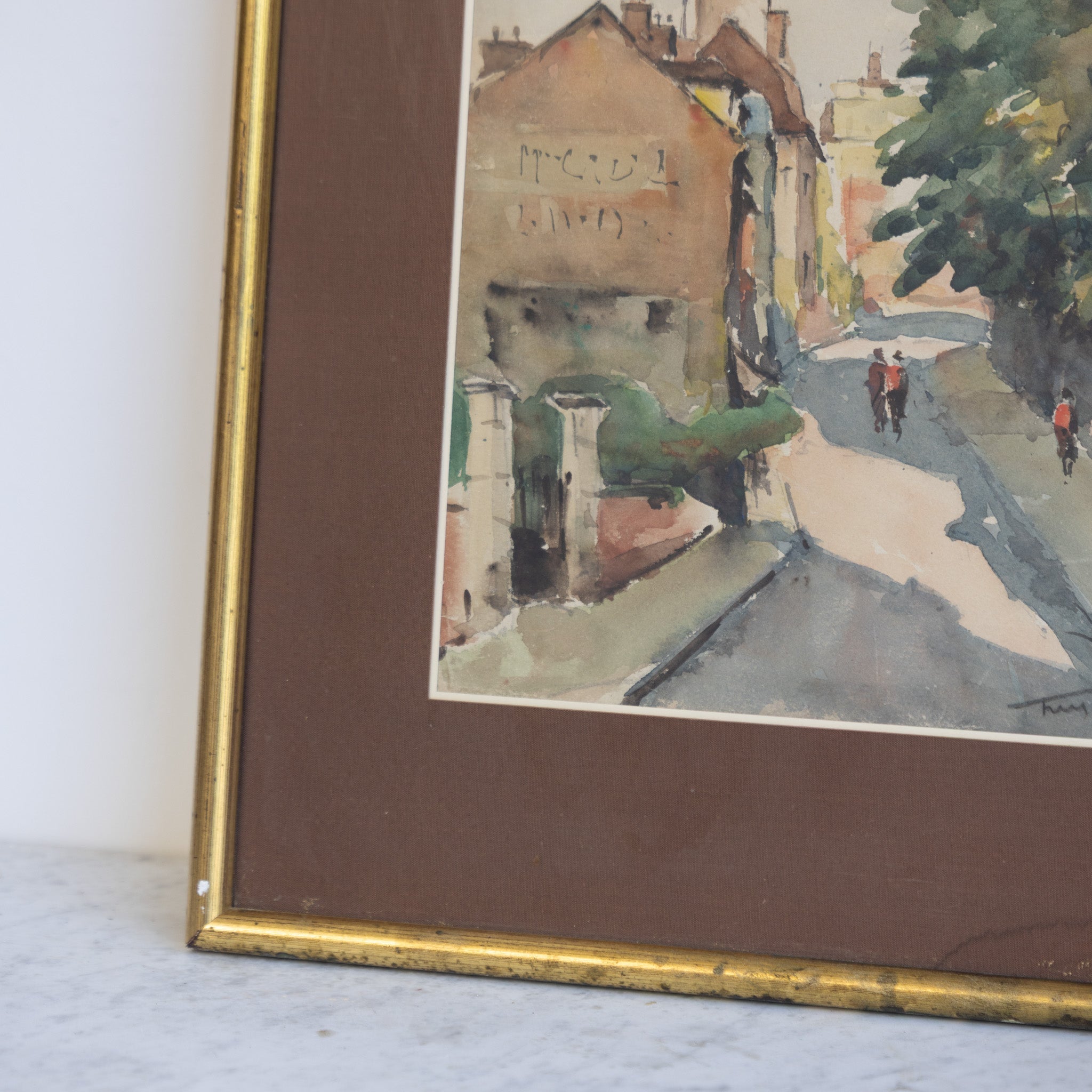 Village with Walking Figures Watercolor Painting - elsie green - art
