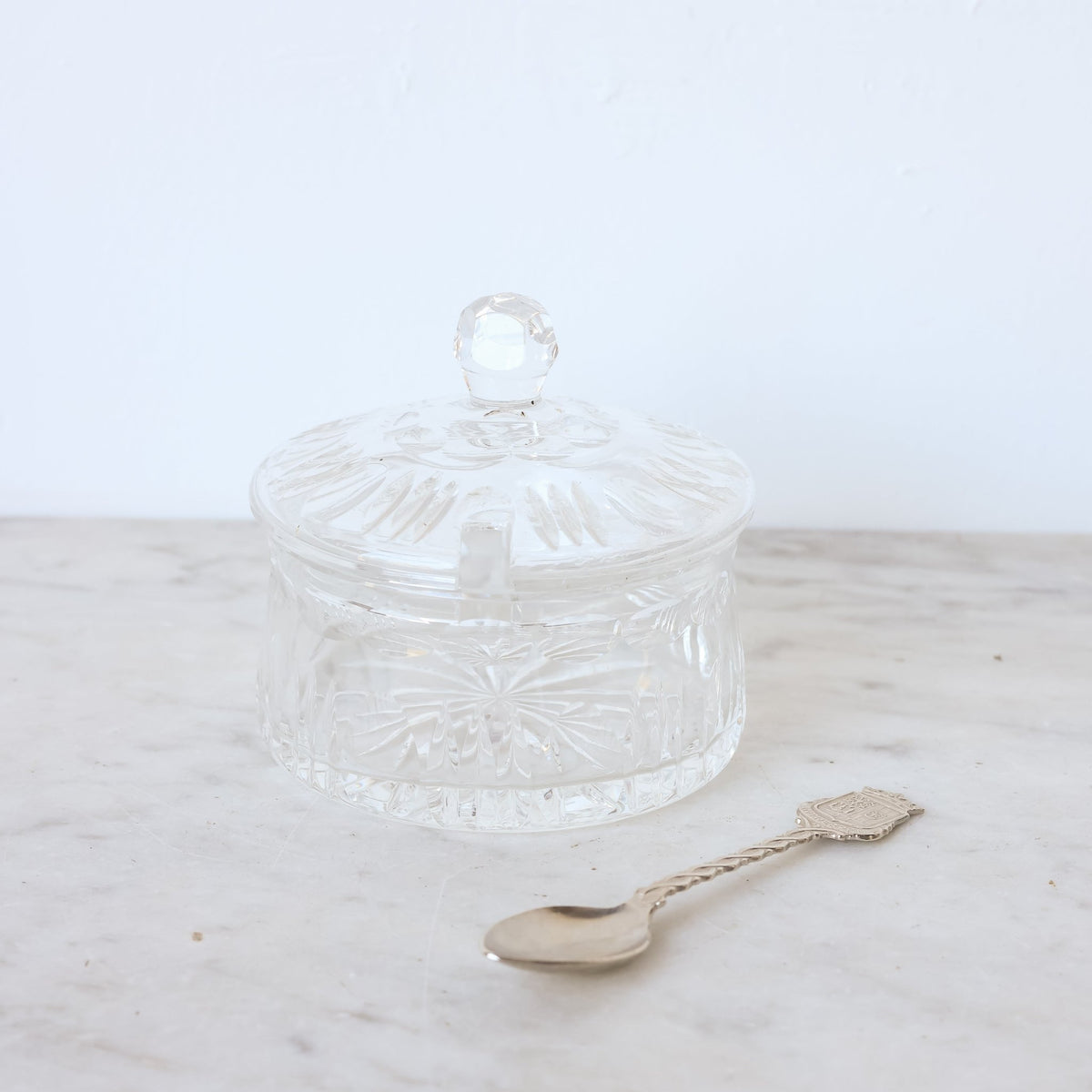 Vintage Baccarat Crystal Sugar Bowl with Petite Souvenir Spoon - elsie green - the french kitchen