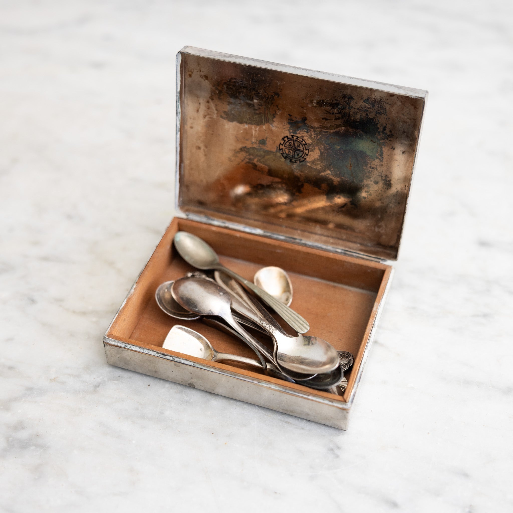 Vintage Silver Cigarette Box with Set of 9 Salt Spoons - elsie green - decor