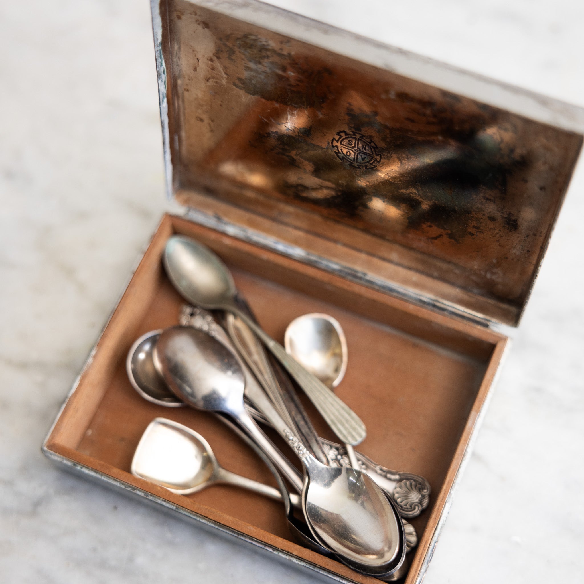 Vintage Silver Cigarette Box with Set of 9 Salt Spoons - elsie green - decor