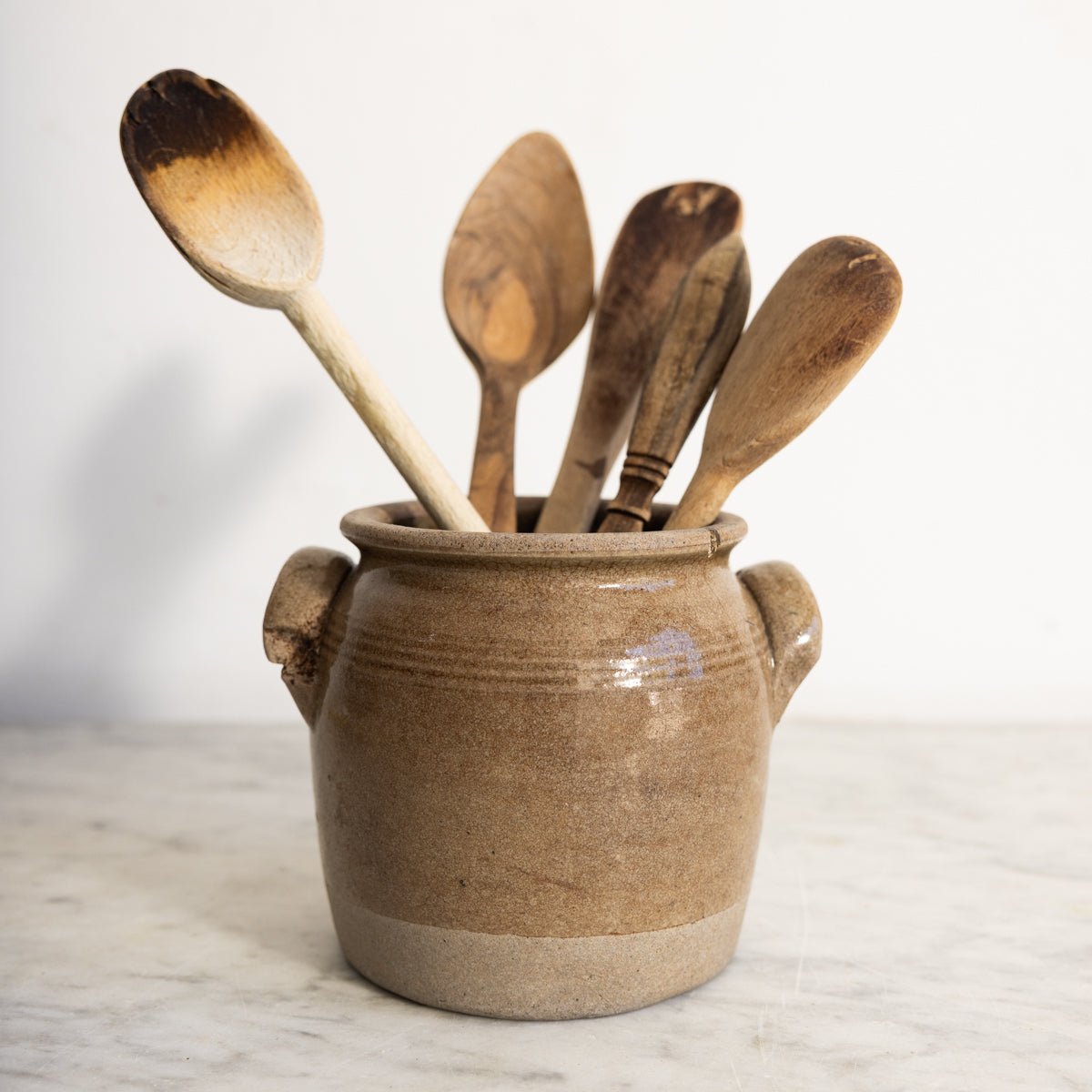 Vintage Stoneware Crock with Wood Spoons - elsie green - the french kitchen