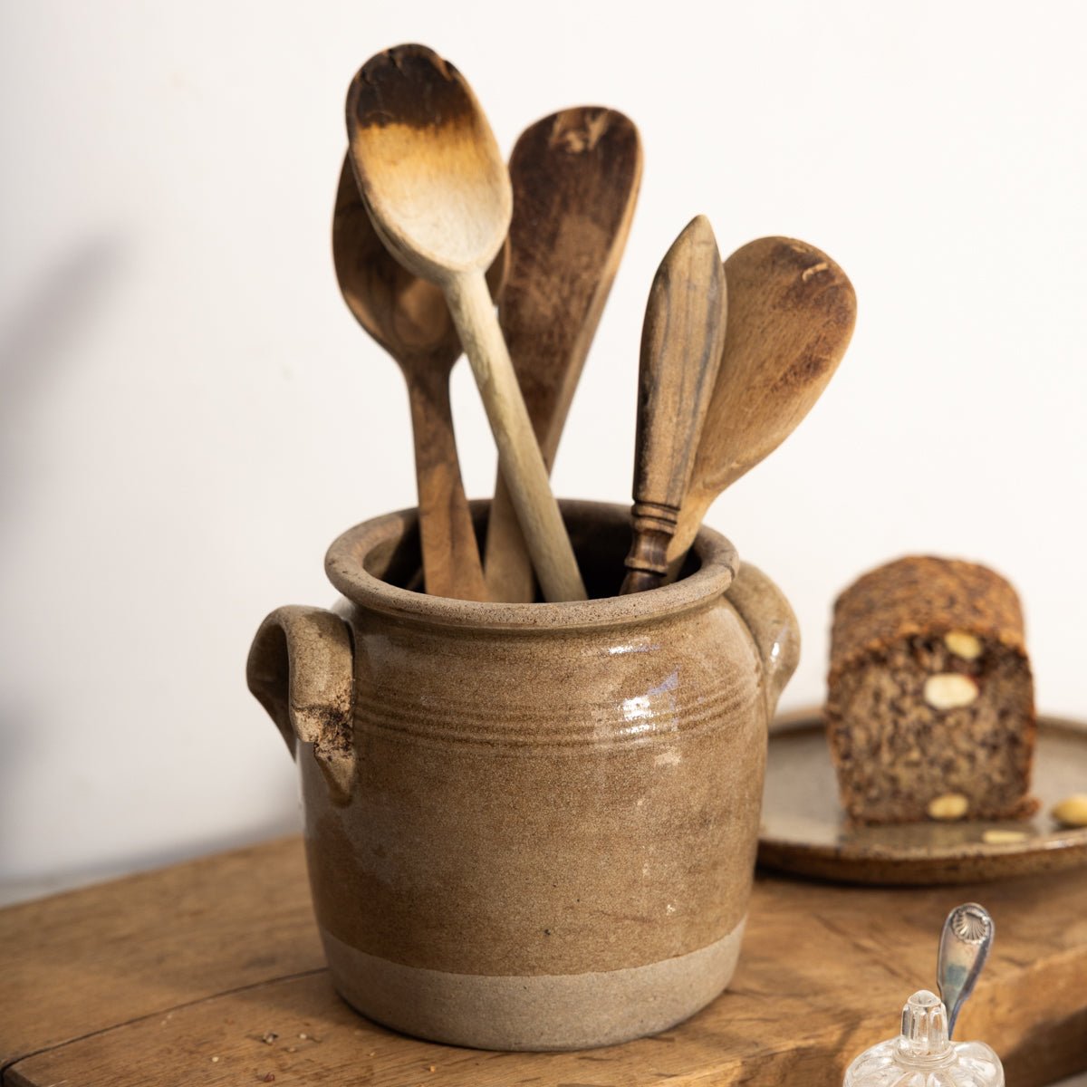 Vintage Stoneware Crock with Wood Spoons - elsie green - the french kitchen