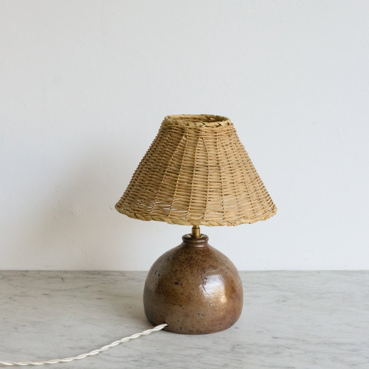 Vintage Stoneware Lamp With Rattan Shade - elsie green - decor