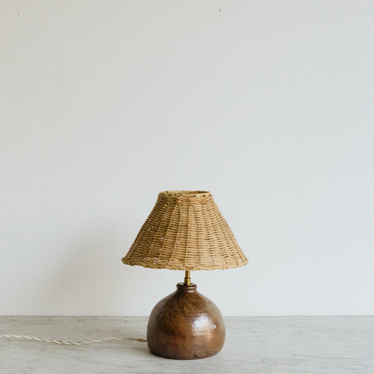 Vintage Stoneware Lamp With Rattan Shade - elsie green - decor
