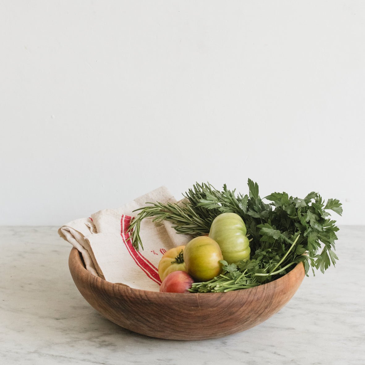Walnut Bowl with Pair of Vintage Kitchen Towels - elsie green - the french kitchen