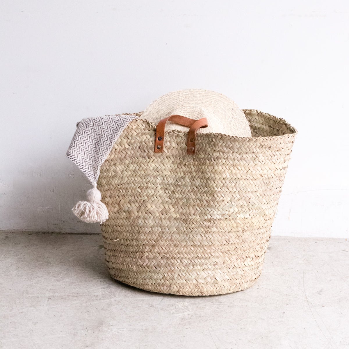 Wide Basket with Leather Handles - Decor - elsie green