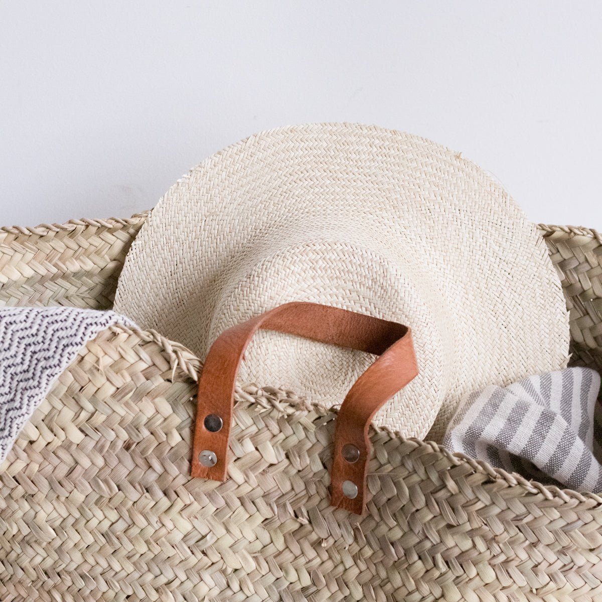 Wide Basket with Leather Handles - Decor - elsie green