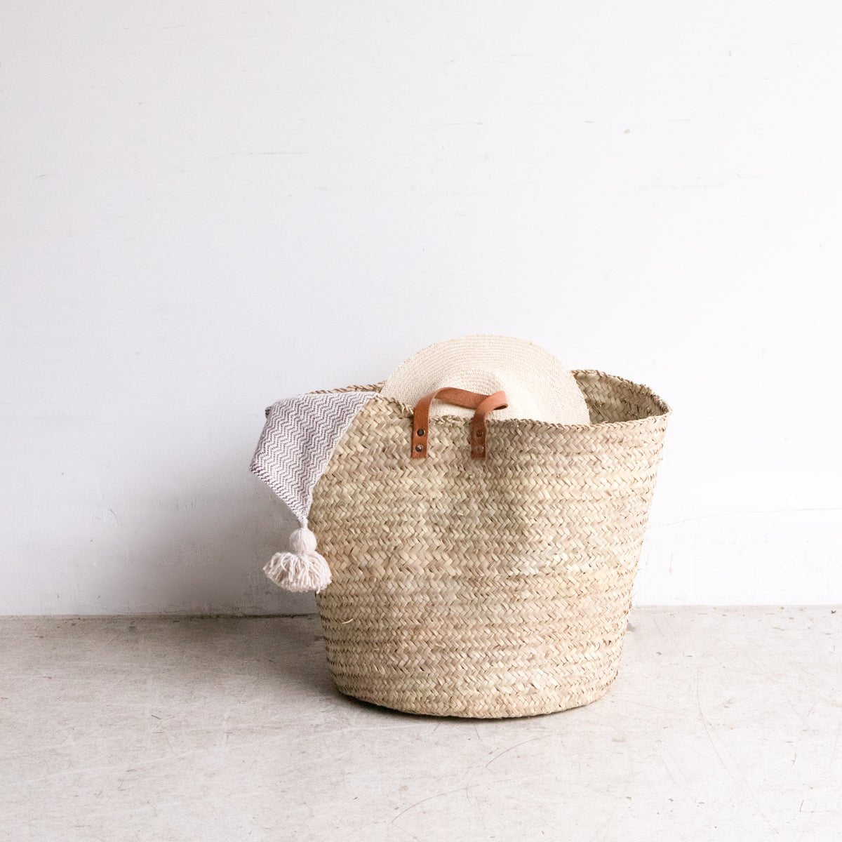 Wide Basket with Leather Handles - elsie green - Decor
