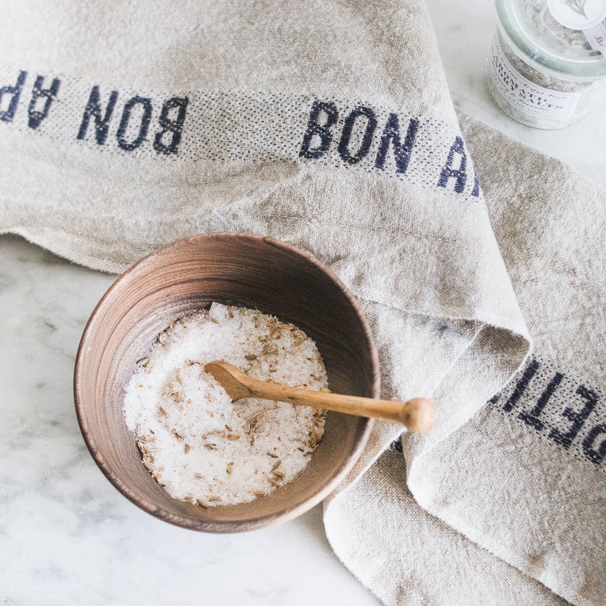 Wood Bowl with Savory Salt, Spoon and Bon Appetit Kitchen Towel - elsie green - the french kitchen