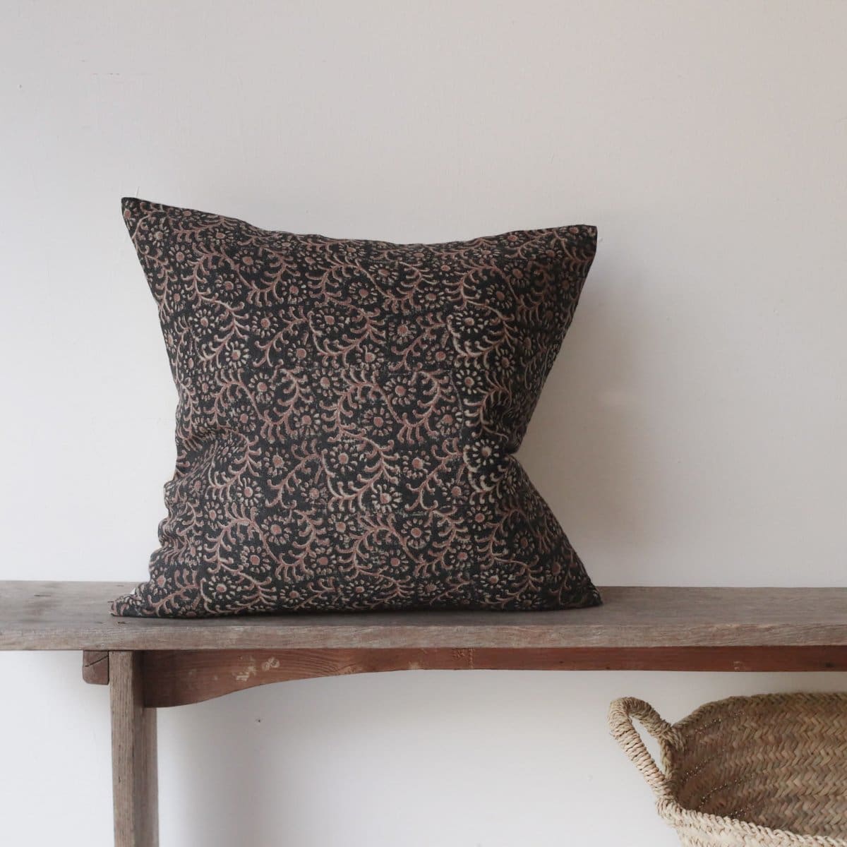 Linen Block Printed Pillow Cover | Kochin Noir Saffron - elsie green - Textiles