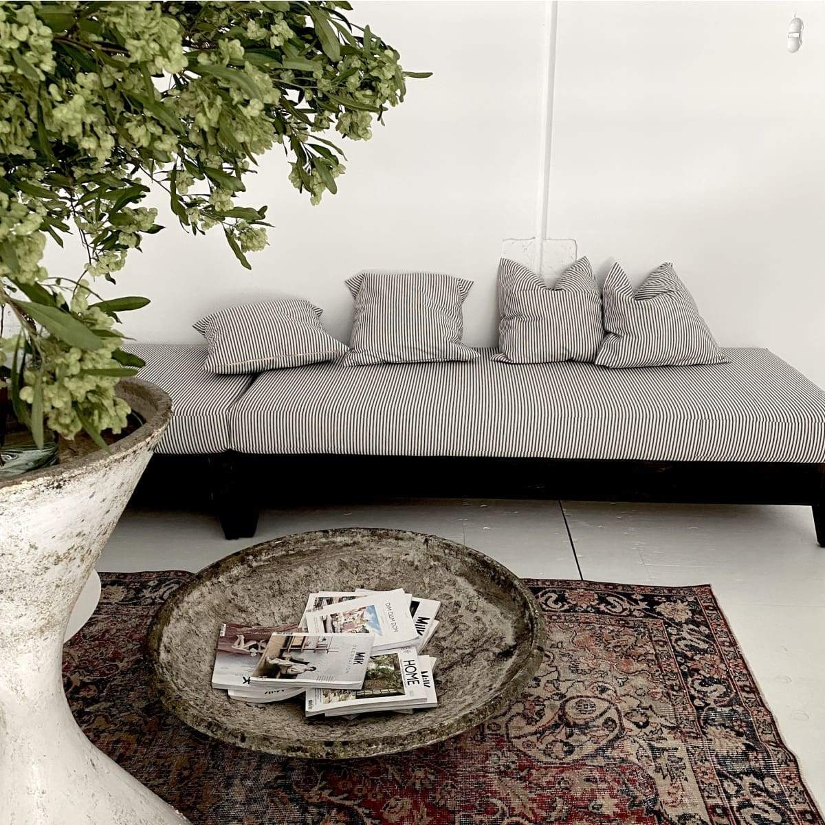 Reclaimed Wood Moroccan Lounger with Ticking Cushion | Floor Sample - elsie green - Custom Furniture